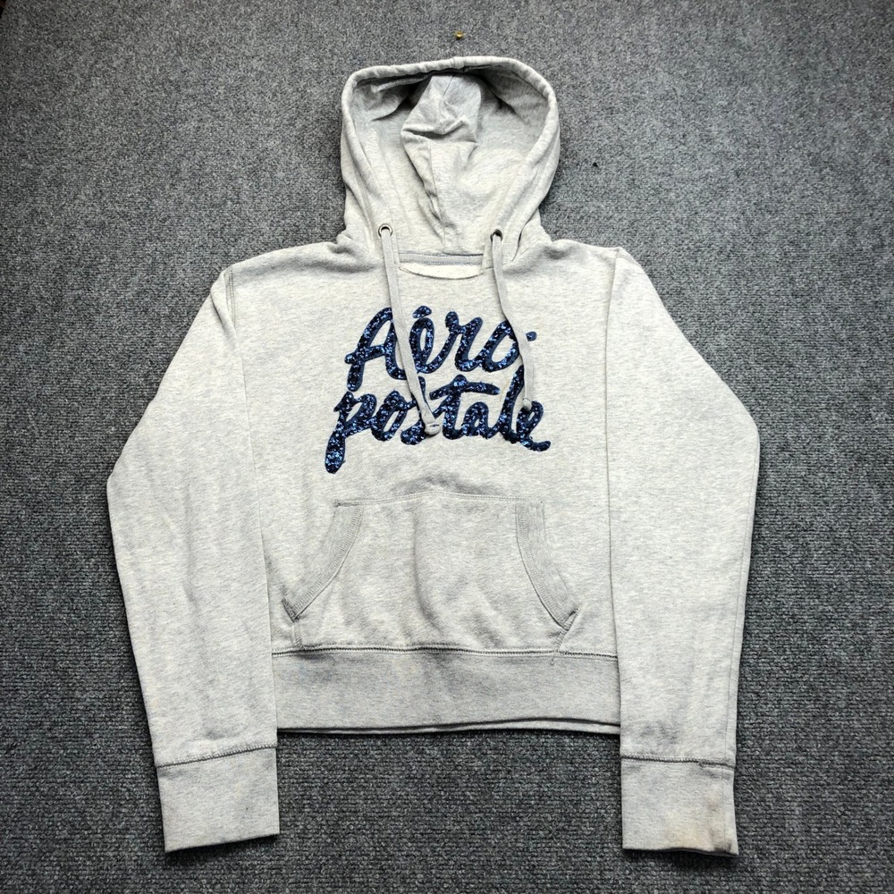 Aeropostale Womens Heather Gray Blue Sequin Logo Pullover Hoodie Size Medium